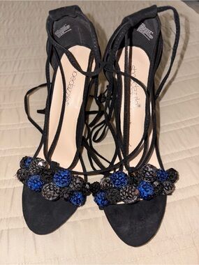 Shoe Dazzle Black Lace-Up Heels with Blue & Gray Beaded Accents